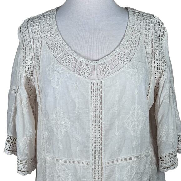 Democracy Women’s Ivory Gauzy Cotton Crochet Trim 3/4 Sleeve Boho Top Medium EUC - Picture 2 of 13